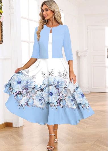 Light Blue Two Piece Floral Print Dress And Cardigan Modlily