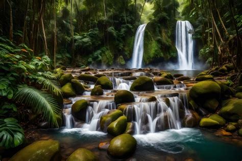 Una Cascada En La Jungla Con Un Fondo Forestal Foto Premium