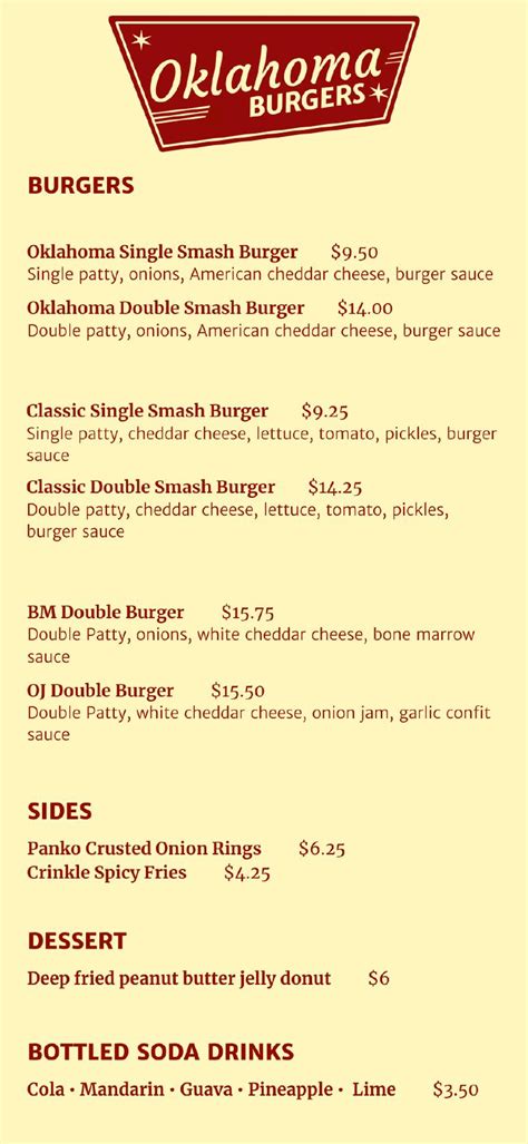 Menu at Oklahoma Burgers restaurant, Mississauga