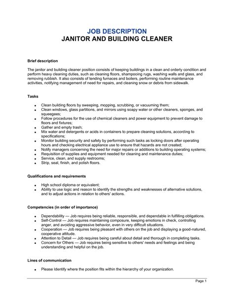 Cleaning Job Description Template - Printable Templates