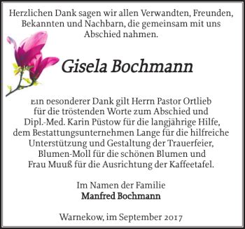 Traueranzeigen Von Gisela Bochmann Trauer Nordkurier