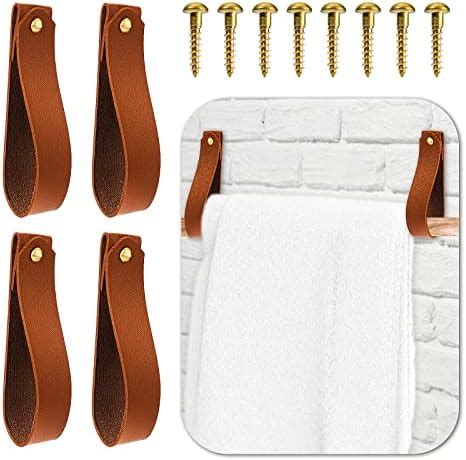 Abeillo 4 Pcs Leather Wall Hooks Medium Leather Straps Hanger Towel