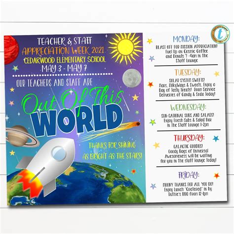 EDITABLE Space Theme Teacher Appreciation Week Itinerary Poster Digital