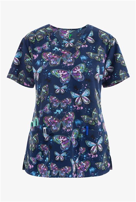 Green Town Whimsical Splatter Butterfly Women S 3 Pocket Stretch V Neck Print Scrub Top