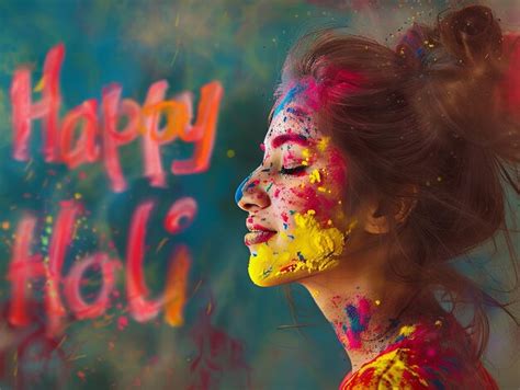 Premium Photo Holi Festival Poster Woman Smiling With Happy Holi Text