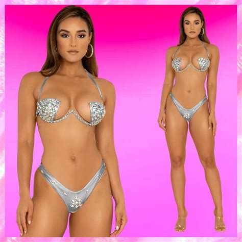 Embellished Push Up Bikini In Silver Beach Babe Bikini