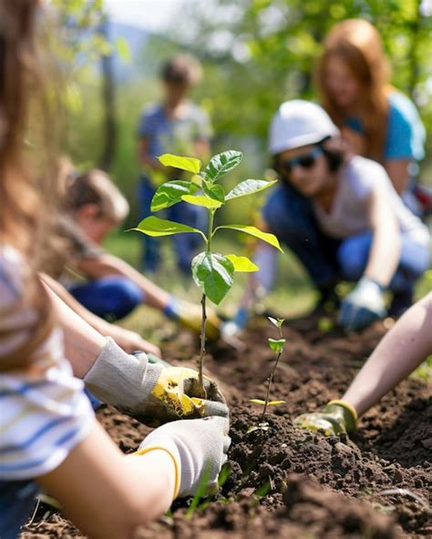 Community Group Planting Trees In An Urban Park Children And Adults