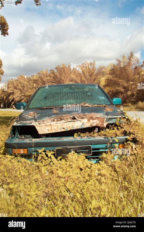 Infrared Image Scene Of Abandoned Vehicle In The Bushes Stock Photo Alamy