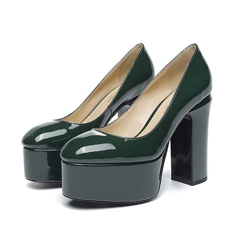 Emma Jones Round Toe High Platforms Chunky Heels Pumps Dark Green Patent In Sexy Heels