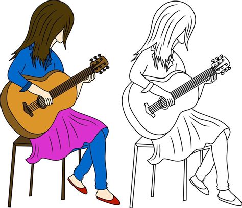 Girl Playing Guitar Coloring Page Vector Art At Vecteezy