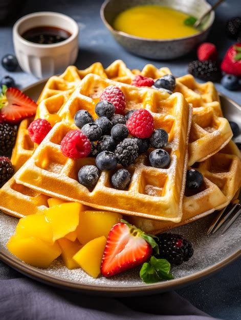 Premium Ai Image A Plate Of Waffles Topped With Fruit And Syrup