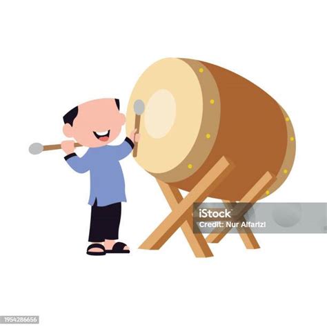 Cute Cartoon Happy Muslim Boy Hitting Drum And Celebrating Eid Mubarak