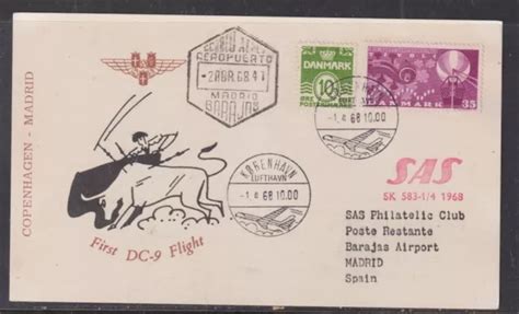 DENMARK 1968 SAS Airlines Copenhagen To Madrid DC 9 Flight Card 8 00