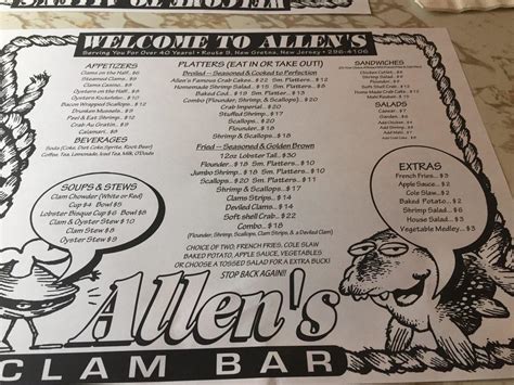 Menu at Allen's Clam Bar, Bass River, US-9