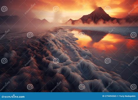 Fantasy Winter Landscape With Tree And River At Sunset Generated Ai