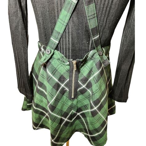 Royal Bones By Tripp Nyc Green Plaid Suspender Skirt Gem