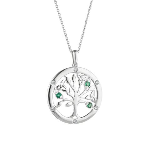 K White Gold Diamond And Emerald Tree Of Life Pendant