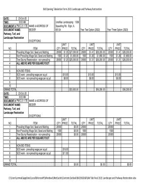 Fillable Online Bid Opening Tabulation Form Landscape And Parkway