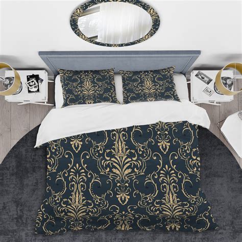 Design Art Grey Damask Dark Blue Gold Microfiber 3 Piece Duvet Cover