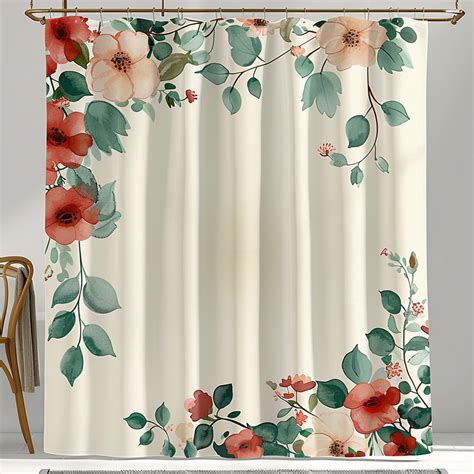 Vintage Shabby Chic Floral Shower Curtain With Red And Green Flowers On