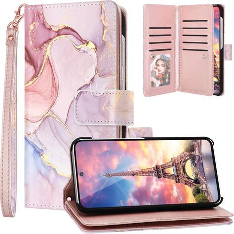 Fingic Samsung Galaxy S24 Plus Case Wallet With 9 Card Holders Marble Rose Gold Pu