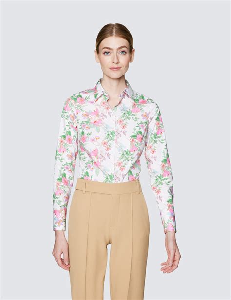 Cotton Stretch Women S Fitted Shirt With Floral Print Design In Cream