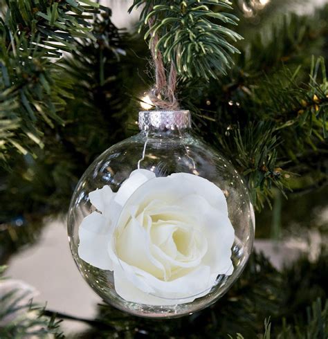 Art Beauty Clear Christmas Baubles With Flocked White Flocked Rose Flower Inside 80mm For Xmas