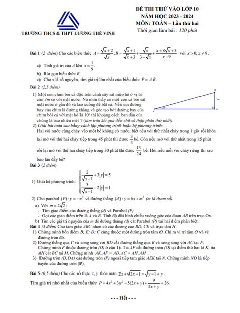 Đề thi thử Toán vào lớp 10 lần 2 năm 2023 2024 trường Lương Thế Vinh
