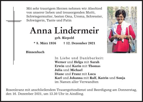 Traueranzeigen Von Anna Lindermeir Allg Uer Zeitung