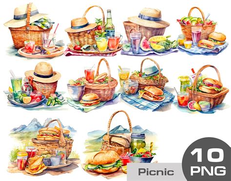 Watercolor Picnic Clipart, Picnic on the Ground, Picnic Basket and Food 