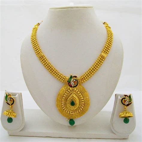 Meenakari Peacock Gold Plated Beads Necklace Jhumka Indian Wedding Jewelry Set