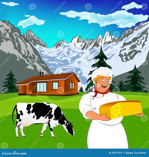 Funny Chef And Natural Swiss Dairy Cheese Stock Illustration