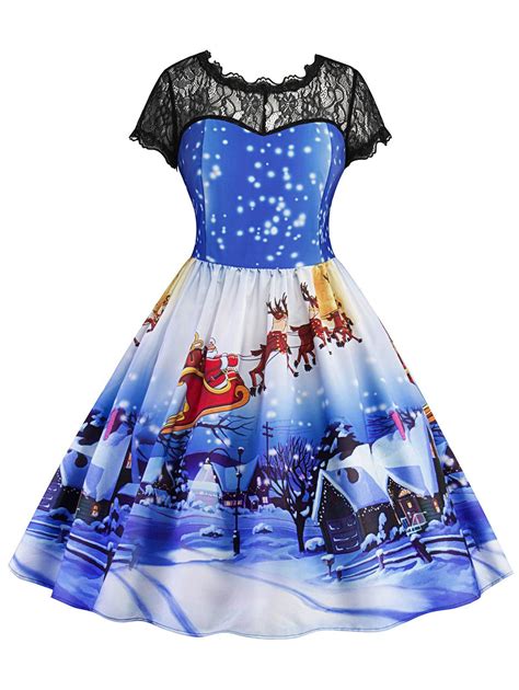 [50 Off] Lace Panel Christmas Print Vintage Dress Rosegal