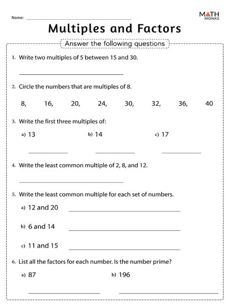 Multiples And Factors Worksheet For Class 5 Pdf