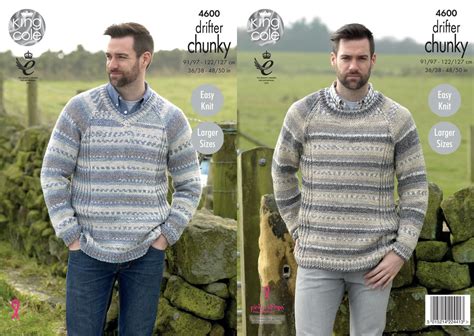 King Cole 4600 Knitting Pattern Mens Round And V Neck Sweaters In King Cole Drifter Chunky