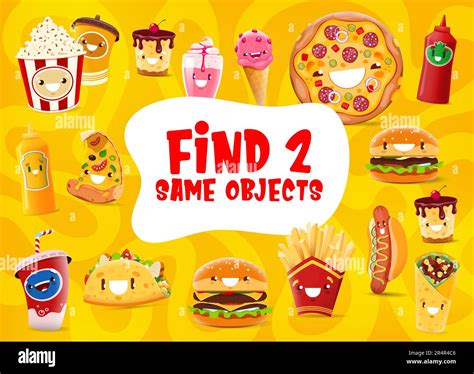 Find Two Same Objects Funny Cartoon Takeaway Fast Food Characters