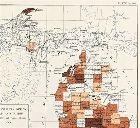 MICHIGAN MAP 1900 ORIGINAL Upper Peninsula Counties Townships Cancer ...