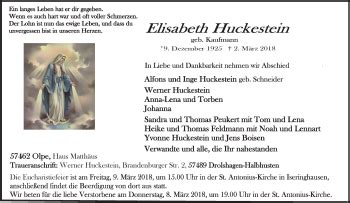 Traueranzeigen Von Elisabeth Huckestein Trauer In Nrw De