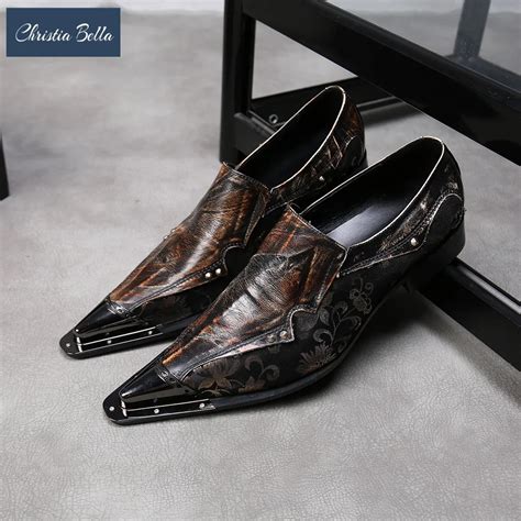 Christia Bella Italian Handmade Men Shoes Party Formal Dress Shoes Brown Rivets Genuine Leather