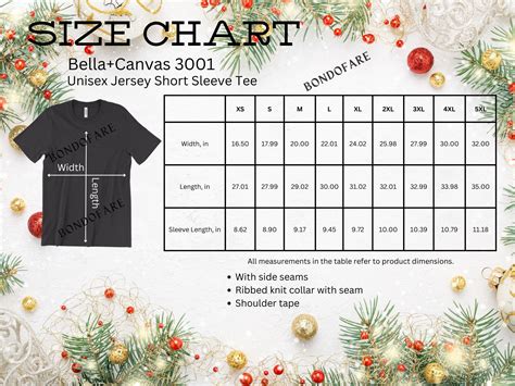 Bella Canvas Size Chart 3001 3001 Size Chart Bella Canvas Etsy