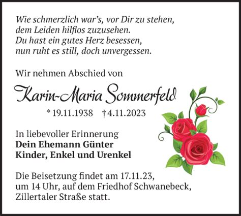 Traueranzeigen von Karin Maria Sommerfeld Märkische Onlinezeitung