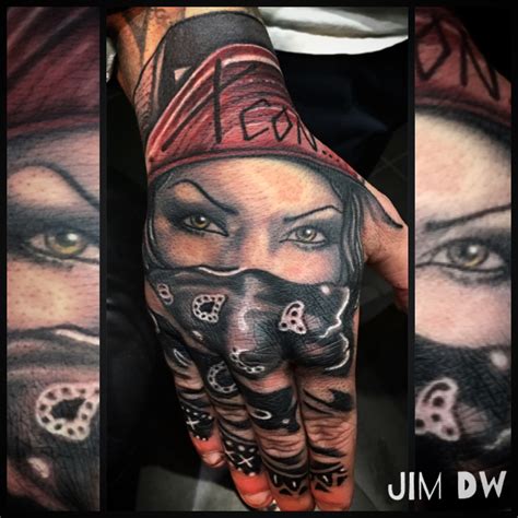 Chicano hand tattoo handtattoo of gangster girl wearing bandana ink by Jim DW Chicano Tattoos ...