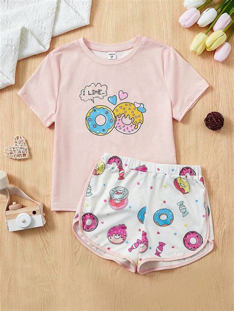 Shein Tween Girl Donut And Letter Graphic Tee And Shorts Pj Set Shein Usa