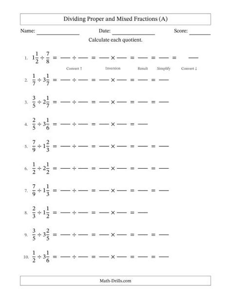 Dividing Proper And Mixed Fractions With Some Simplifying Fillable A