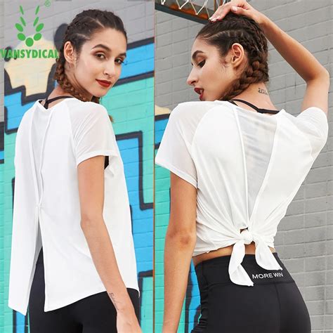 Women Sexy Mesh Yoga Shirts Quick Dry Running Tops Loose Workout Gym