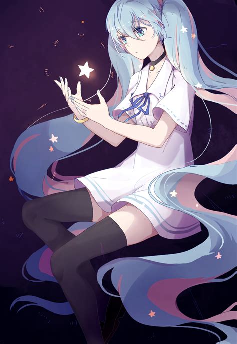 Safebooru 1girl Absurdly Long Hair Aqua Eyes Aqua Hair Black Legwear