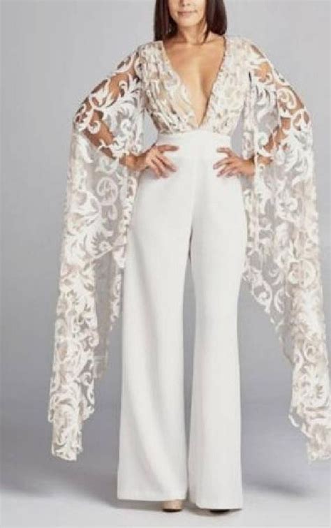 White Bridal Lace Top Jumpsuitwide Leg Wedding Reception Etsy Jumpsuit Elegant Lace Top