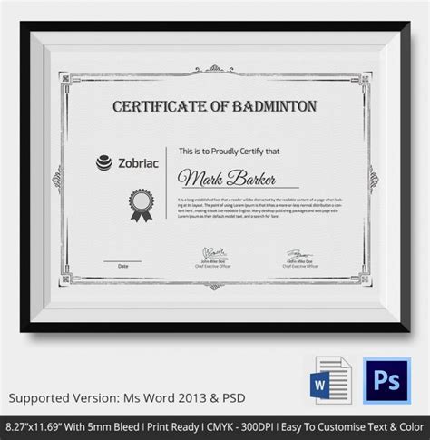 Badminton Certificates Psd Word Designs Design Intended For