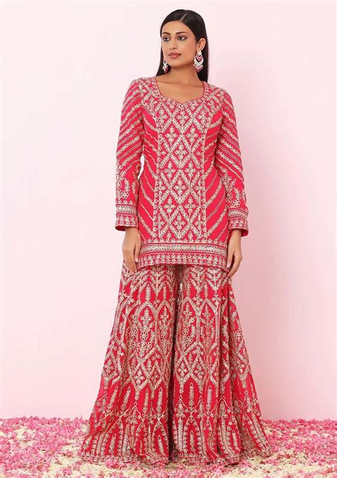 Buy Women Hot Pink Gota Patti Embroidered Kurta Set With Embroidered