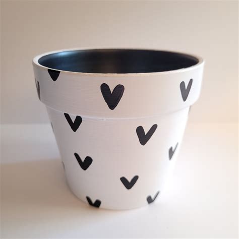 White And Black Hearts Hand Painted Plant Pot Etsy